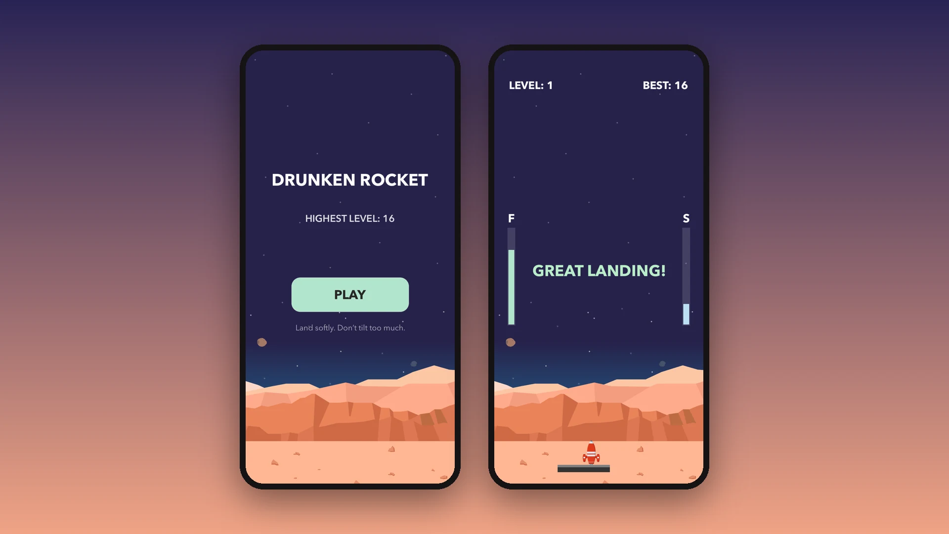 Titelbildschirm und geglückte Landung in Drunken Rocket
