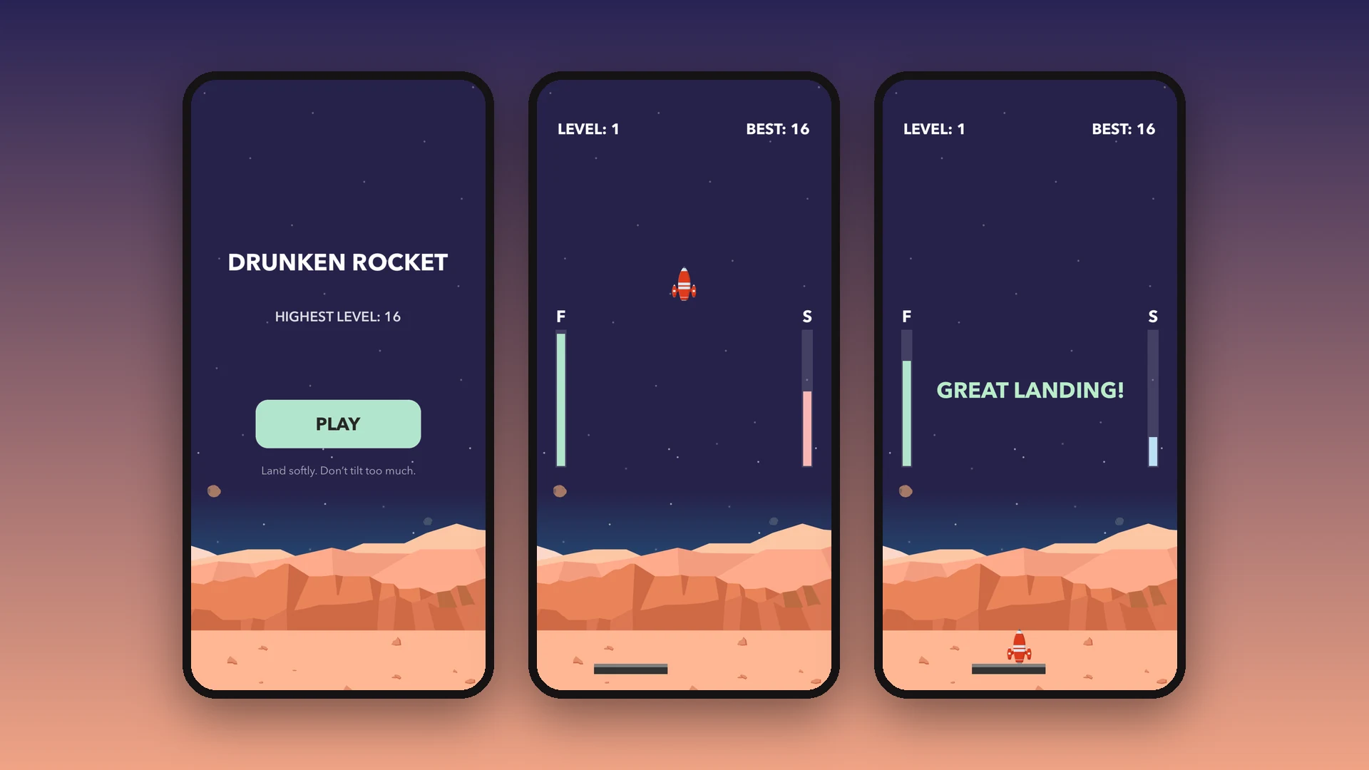 Titelbildschirm, Anflug und Landung von Drunken Rocket