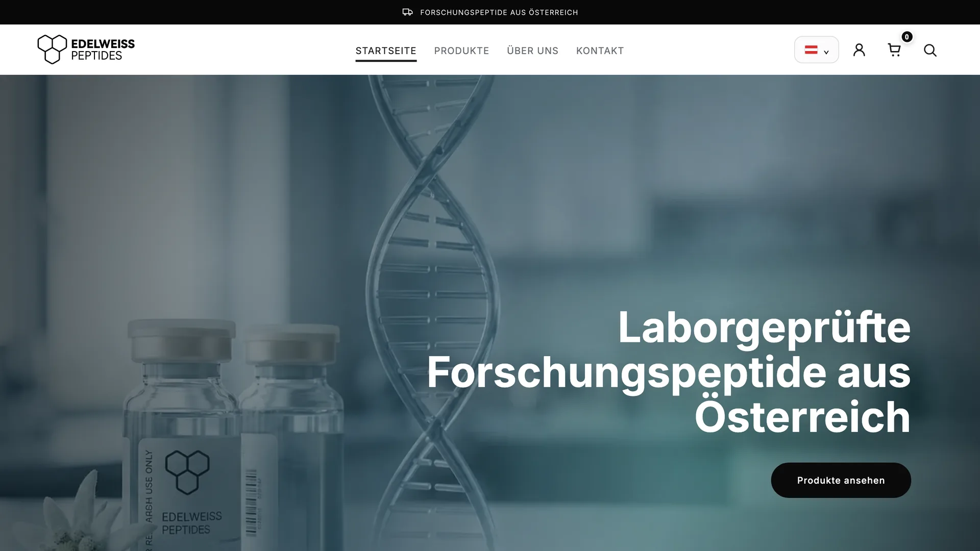 Startseite von Edelweiss Peptides auf dem Desktop