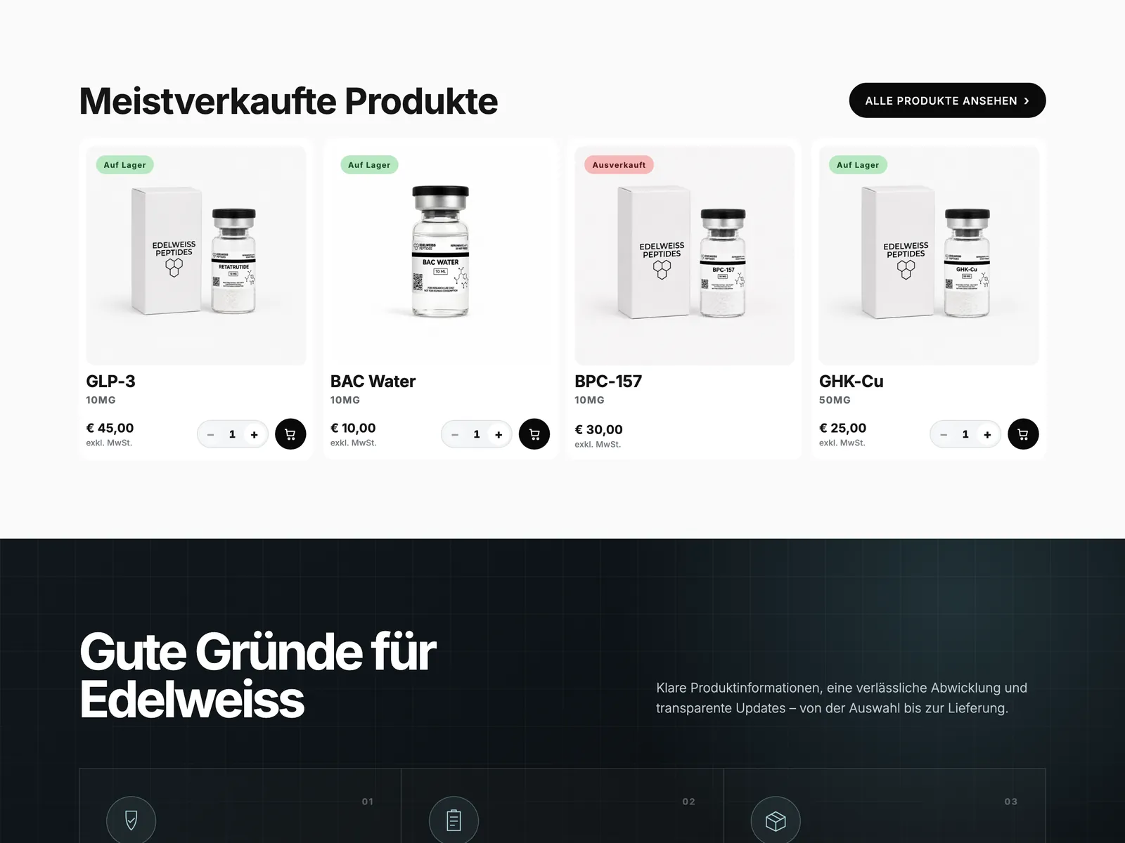 Edelweiss Peptides, Inhaltsbereich auf dem Desktop