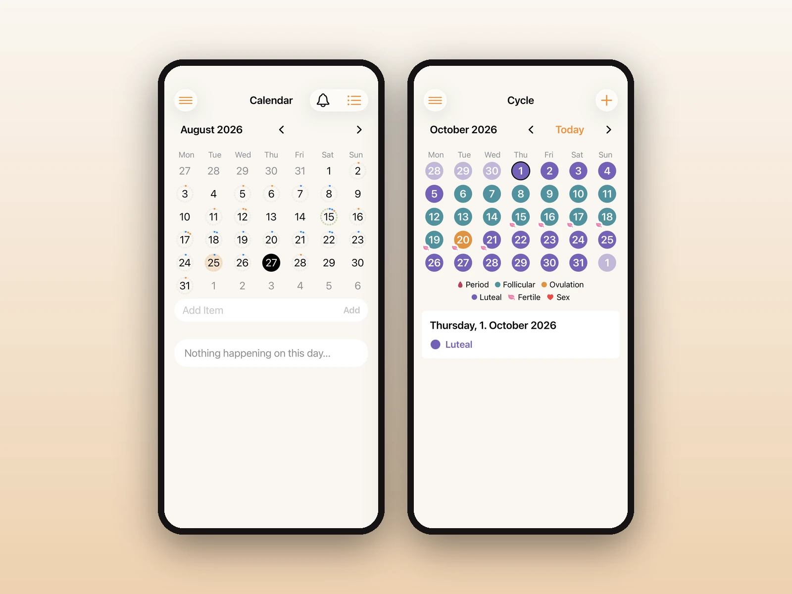 App-Screens des Familienkalenders mit Monatsansicht und Zyklus-Tracking