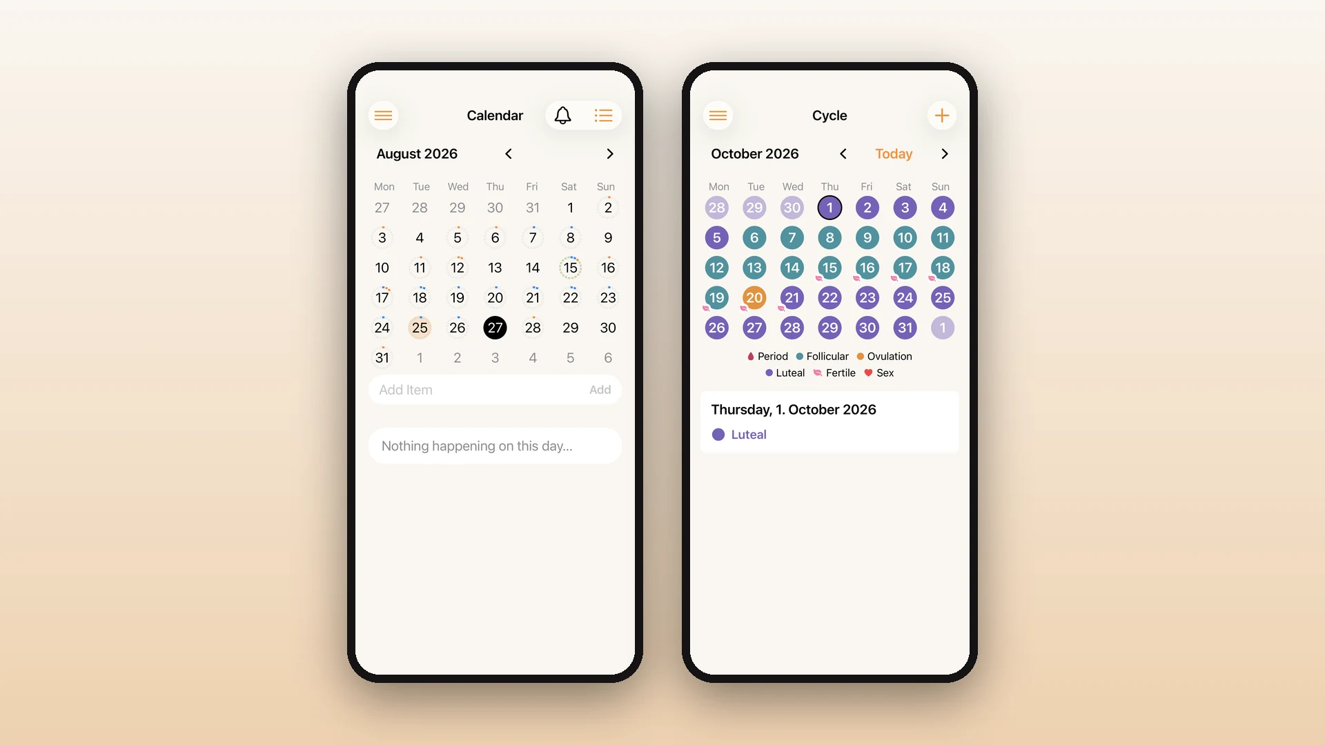 Monats&uuml;bersicht und Zyklusansicht der Familienkalender App