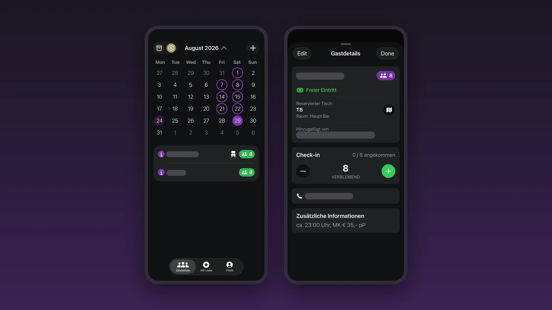 G&auml;steliste und Gastdetails der G&auml;stelisten App