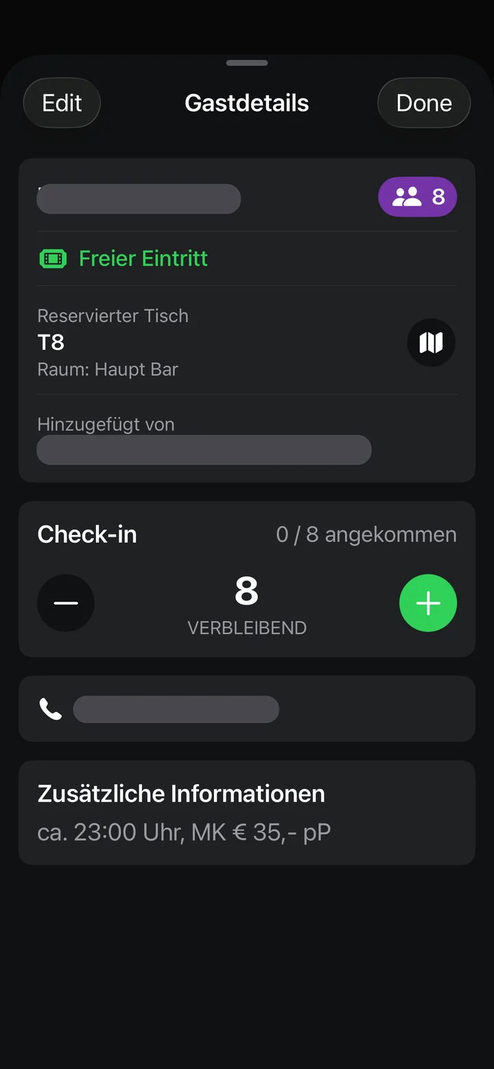 Gastdetails mit Tischreservierung und Check-in