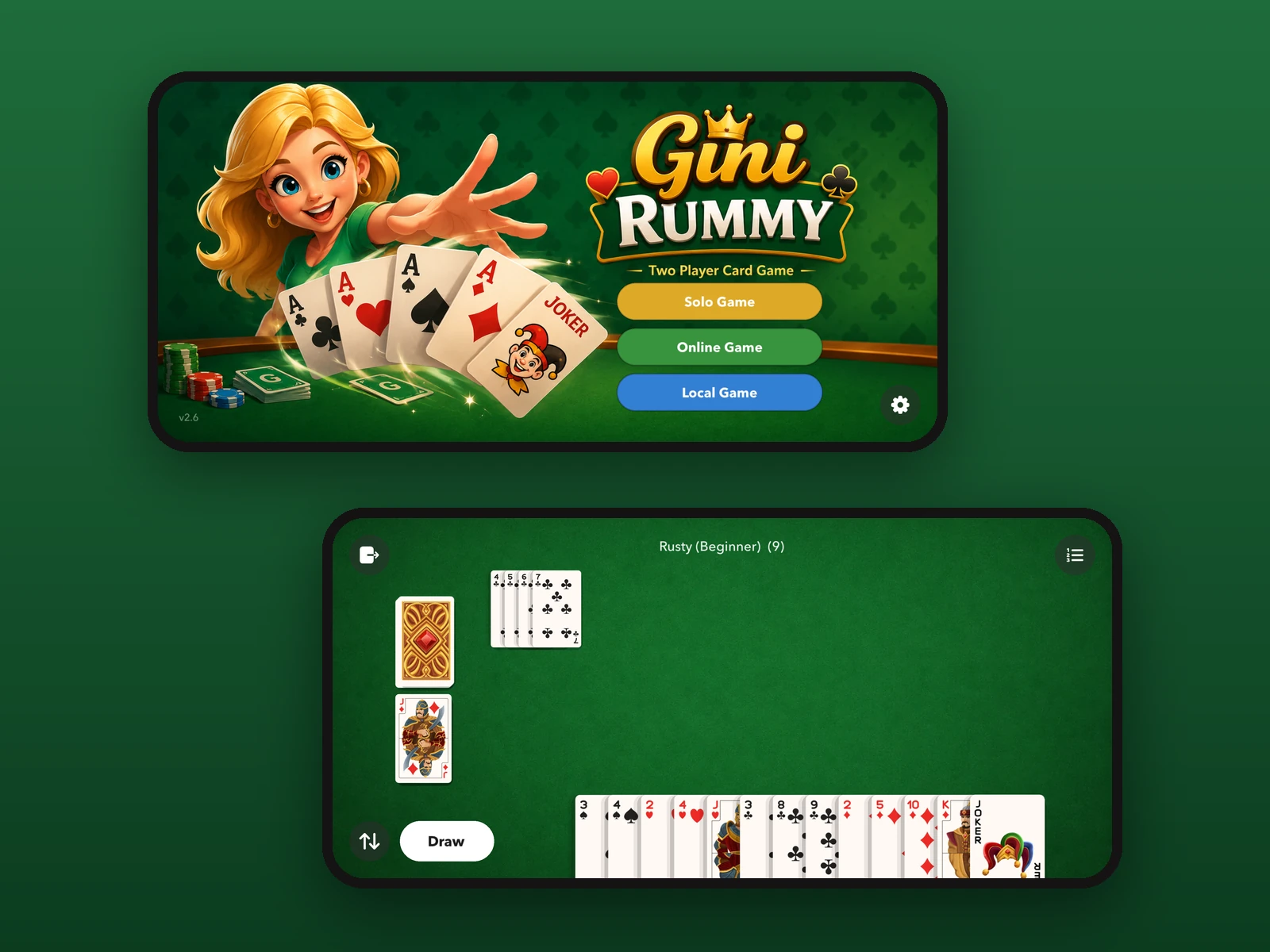 Spielansichten des Kartenspiels Gini Rummy
