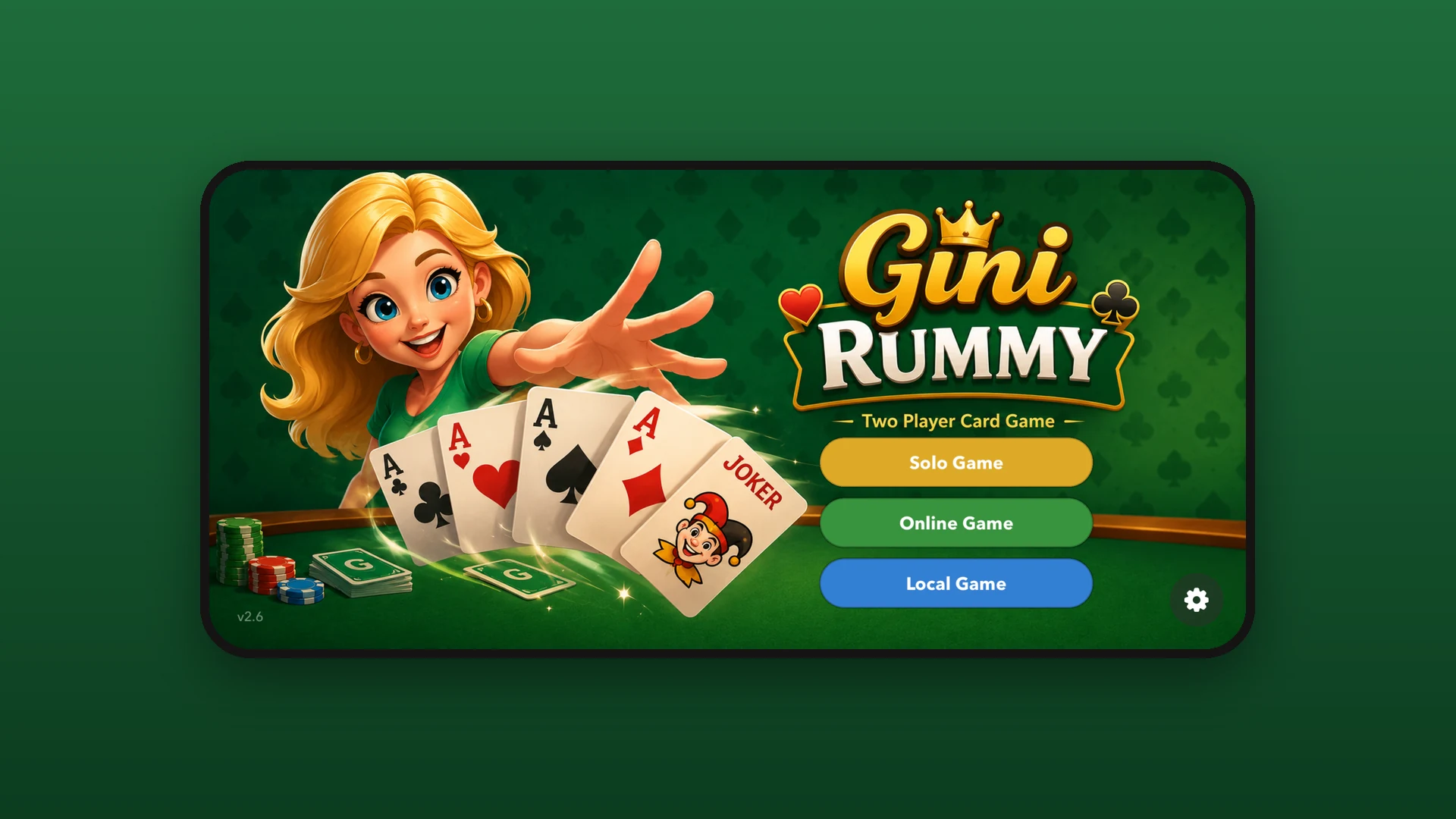 Startbildschirm von Gini Rummy mit den Spielmodi Solo, Online und Local
