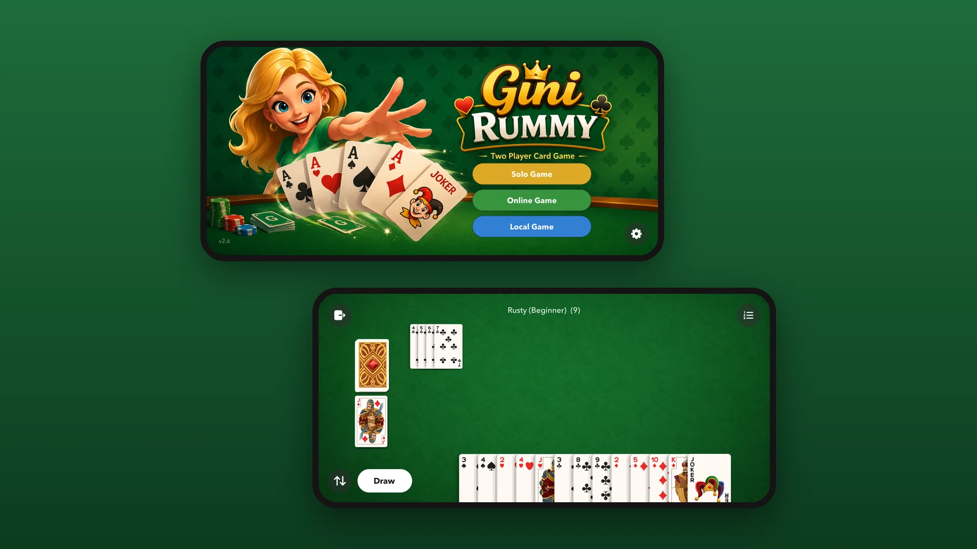 Startbildschirm und laufende Partie von Gini Rummy