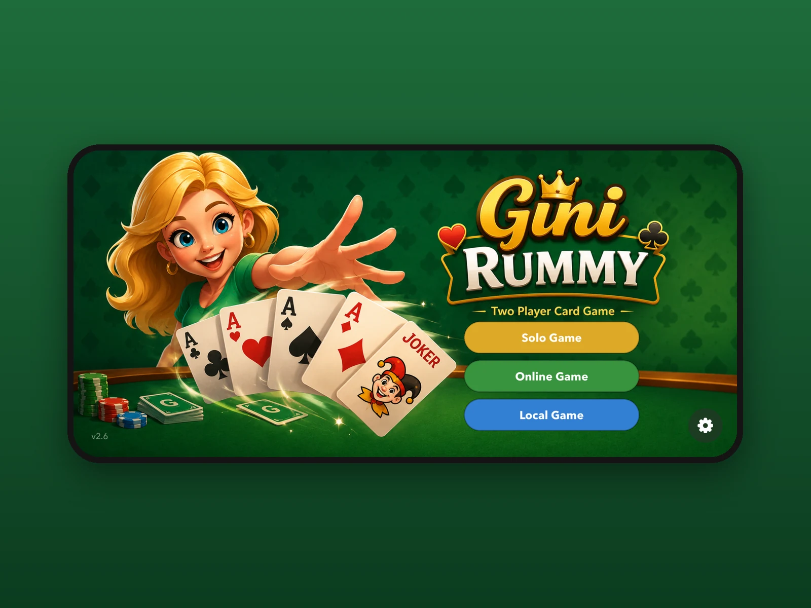 Startbildschirm mit den Spielmodi Solo, Online und Local