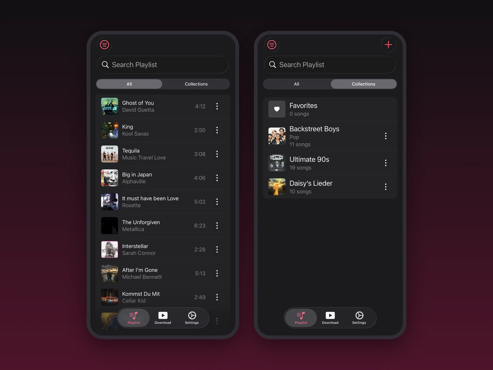 App-Screens der Musikplayer App mit Bibliothek und Sammlungen