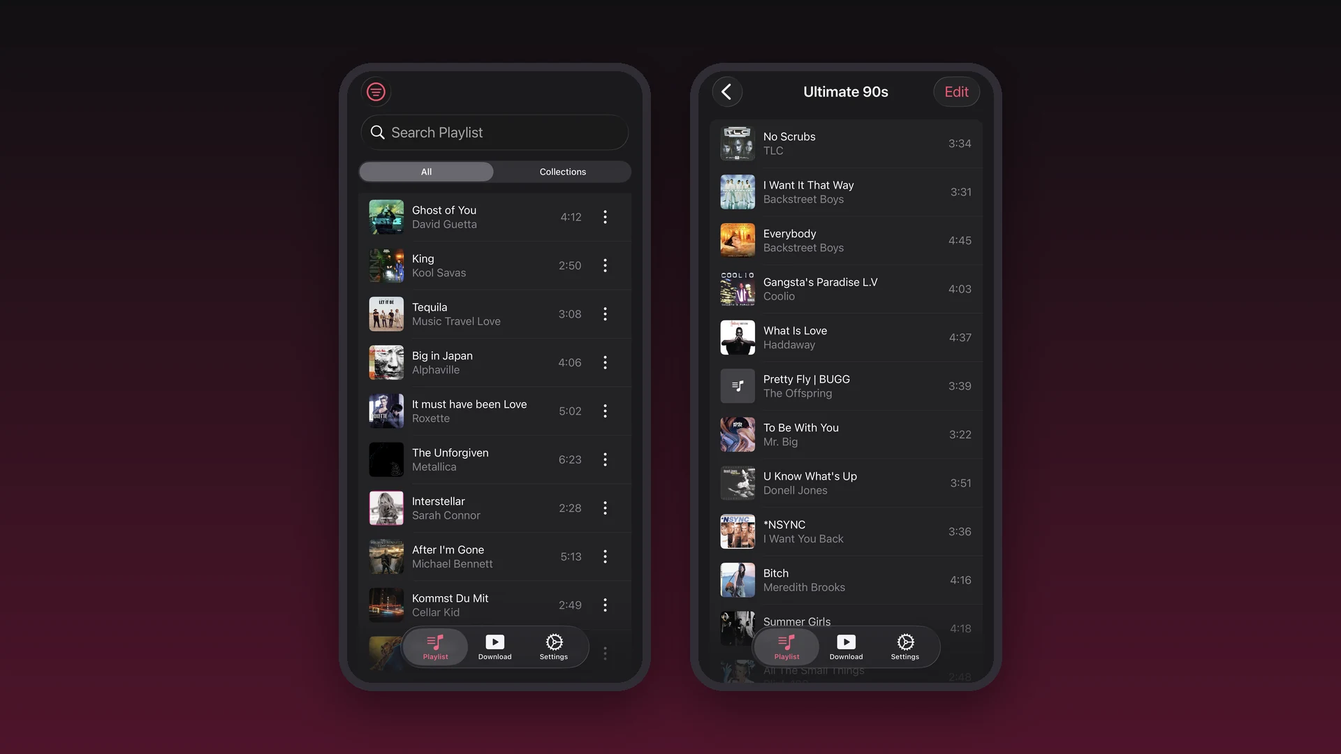 Bibliothek und Playlist-Ansicht der Musikplayer App