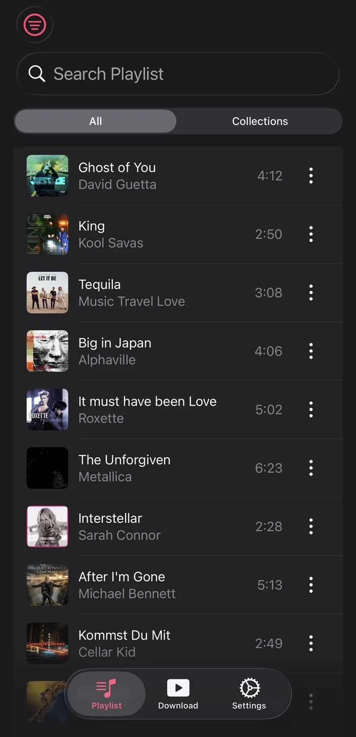 Bibliothek der Musikplayer App mit Cover-Art je Titel